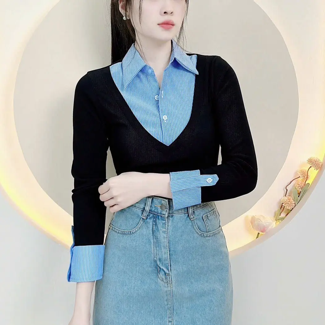 Áo sơ mi nữ thiết kế sơ mi sọc phối thun hottrend thu đông kiểu dáng trẻ trung sang trọng sơ mi nữ đi tiệc đi làm đi chơi  LAMO- B1365