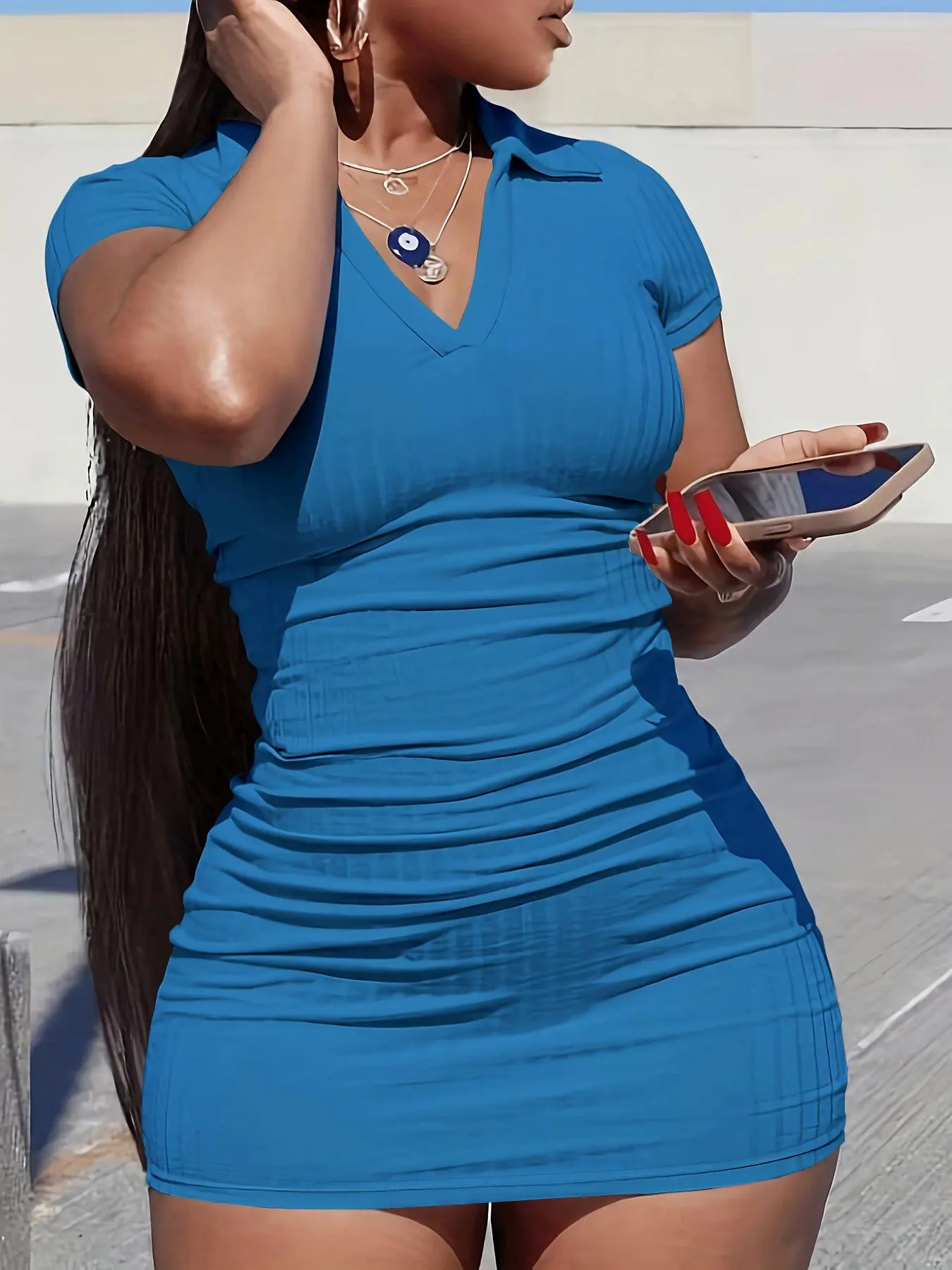Women's Solid Wrap Polo Neck Bodycon Dress, Casual Short Sleeve Mini Dress for Summer, Ladies Clothes for Dating Wear Valentine's Day, gift