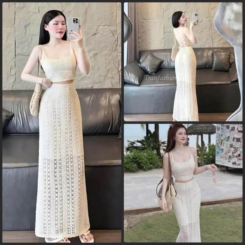 Set đồ nữ áo ren 2 dây có mút ngực phối chân váy dài lưới có lót trong xinh xắn cho nàng diện đi chơi, đi biển 0