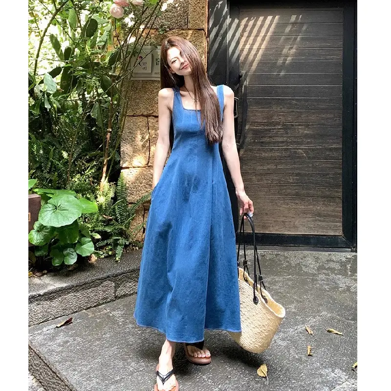 2025 Blue Mist Love French Style Denim Dress for Women Summer Niche Design  Waist-Cinching Elegant Strap Long Dress - TikTok Shop Philippines