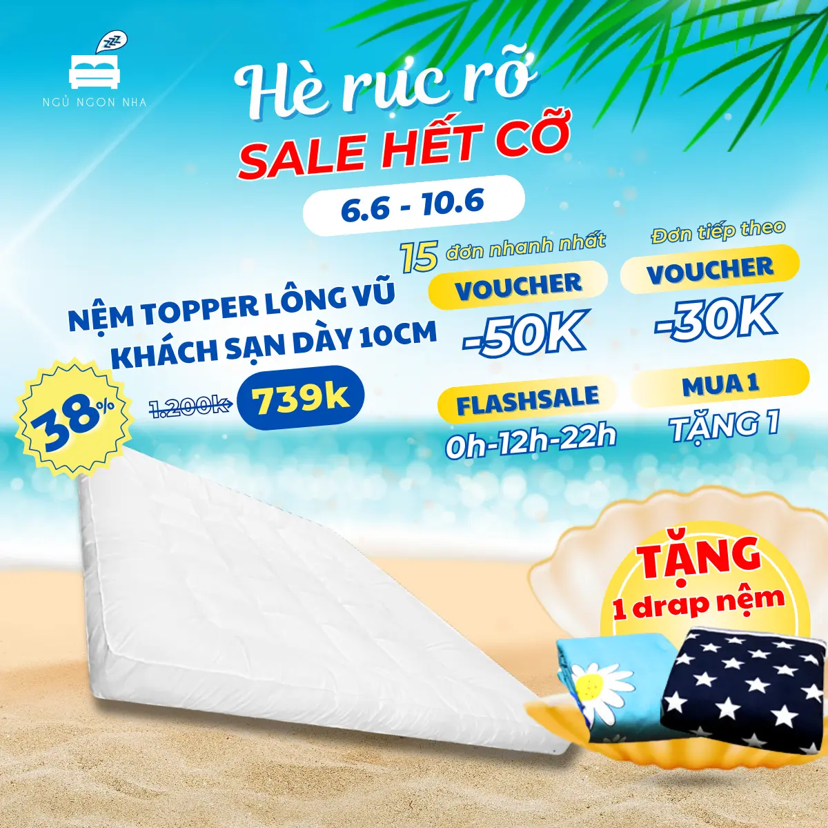 Nệm Topper, tấm topper nệm làm mềm nệm tiêu chuẩn khách sạn cao cấp 5 sao - Dày 10cm [Full size]
