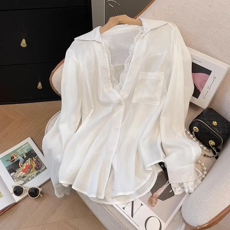 Bộ Đồ Khâu Ren Giả Hai Lớp, Phong Cách Đơn Giản, Màu Trắng Cao Cấp, Áo Sơ Mi Dáng Rộng Dài Tay, Thích Hợp Cho Mùa Thu 2024, Dành Cho Nữ
