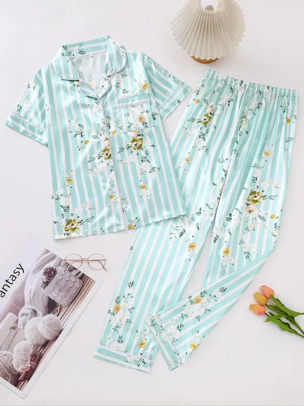 Two Counts Women's Lapel Shirt & Elastic Waist Pants Pyjamas Set, Pj Sets for Women, Casual Button Front Top & Trousers Loungewear Set, Pyjamas for Women, Lounge Set, Ladies Sleepwear for Summer, Hide Tummy Wear Uk, Pajamas, Womenswear, Clothes for Women 3