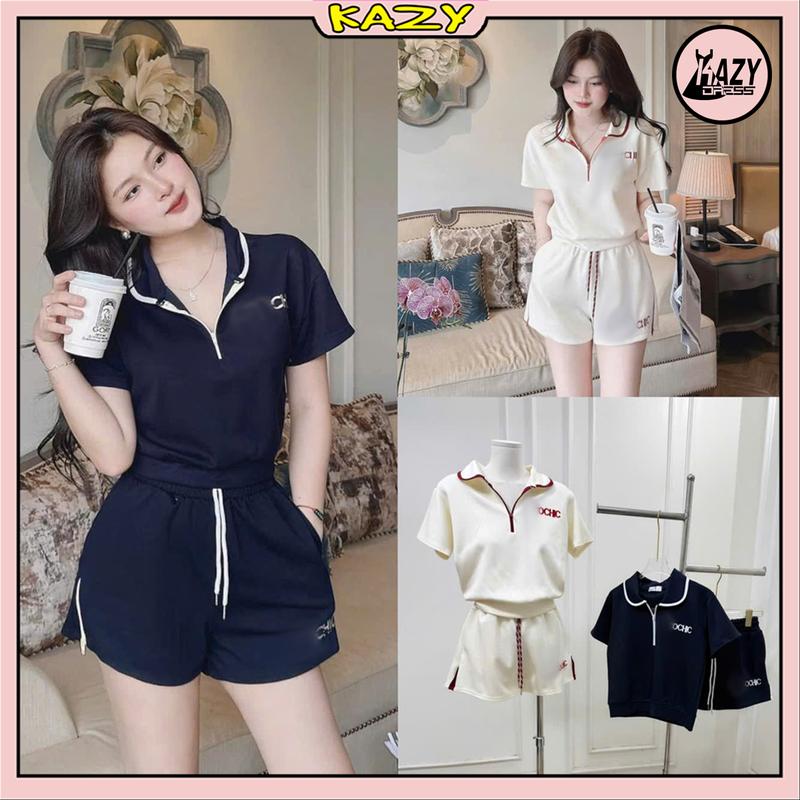 Bộ đồ nữ áo phông thêu chữ nổi cổ bẻ phối khóa mix quần sooc đùi xẻ gấu cách điệu năng động S154 KAZDRESS 0