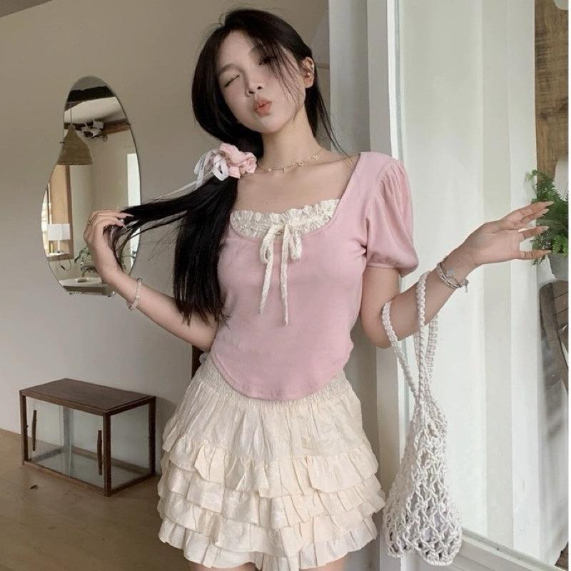 Áo croptop coquette nữ kiểu acubi brandy baby tee nơ màu hồng xanh đen bánh bèo thun tăm CT088 Women Cổ Tròn