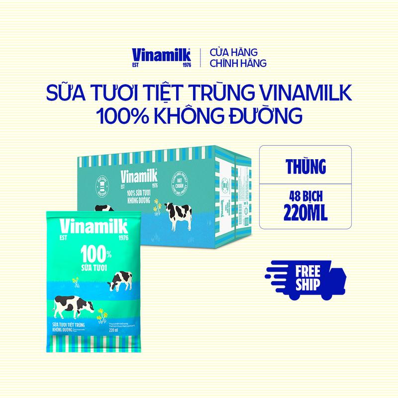 Thùng 48 bịch Sữa tươi tiệt trùng không đường Vinamilk 100% Sữa tươi 220ml