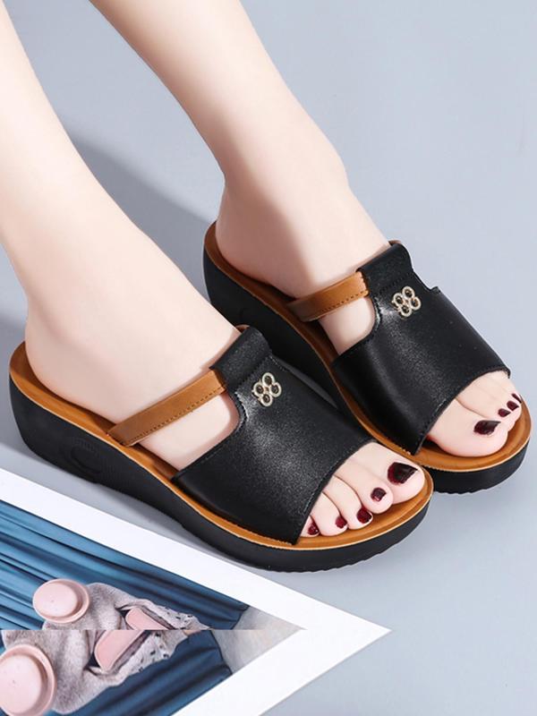 1 Pair Women's Fashionable Plain Color Pu Leather Wedge Slippers, Casual Versatile Home Slippers for Women & Girls, Casual Comfortable Home Slippers for Indoor and Outdoor 2