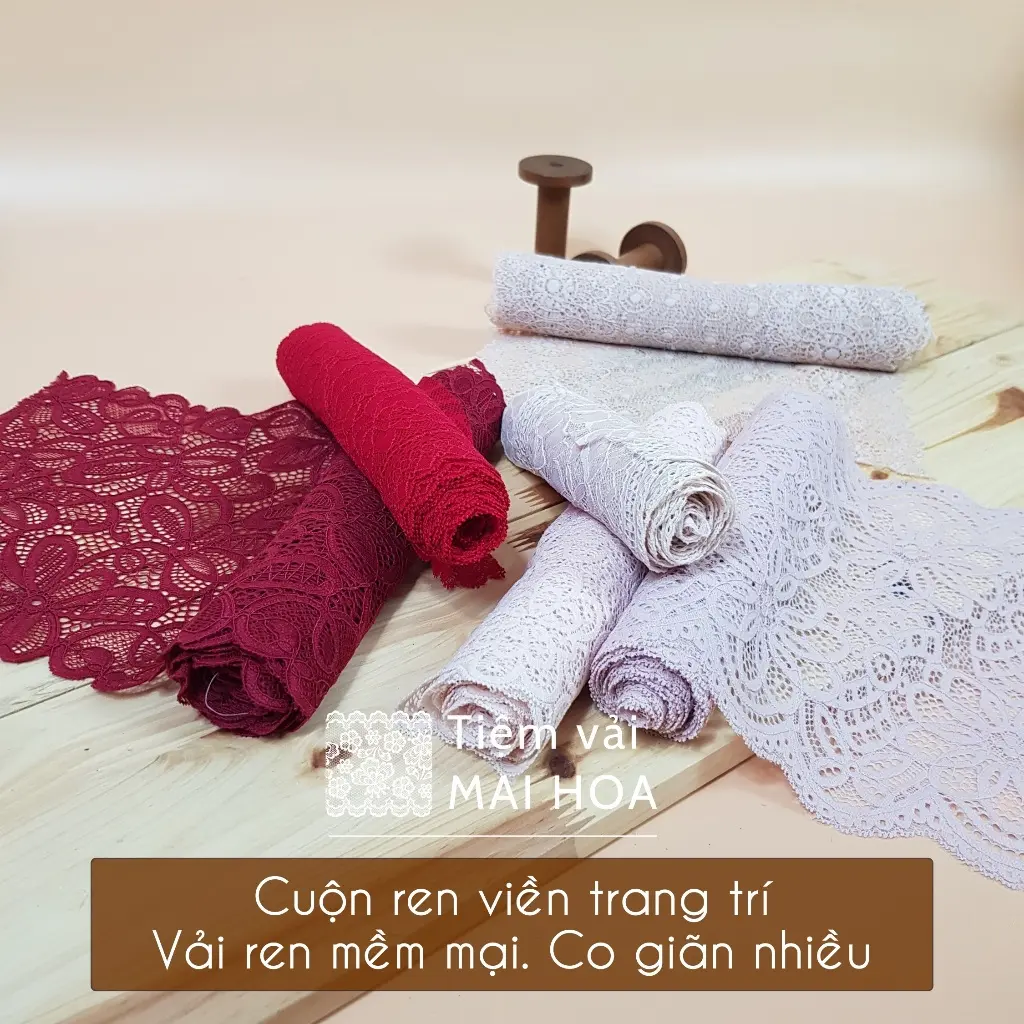 Ren cotton đỏ bản to. Cuộn ren thun viền váy co giãn nhiều. Ruy băng ren trang trí mềm mại. Tiệm vải Mai Hoa