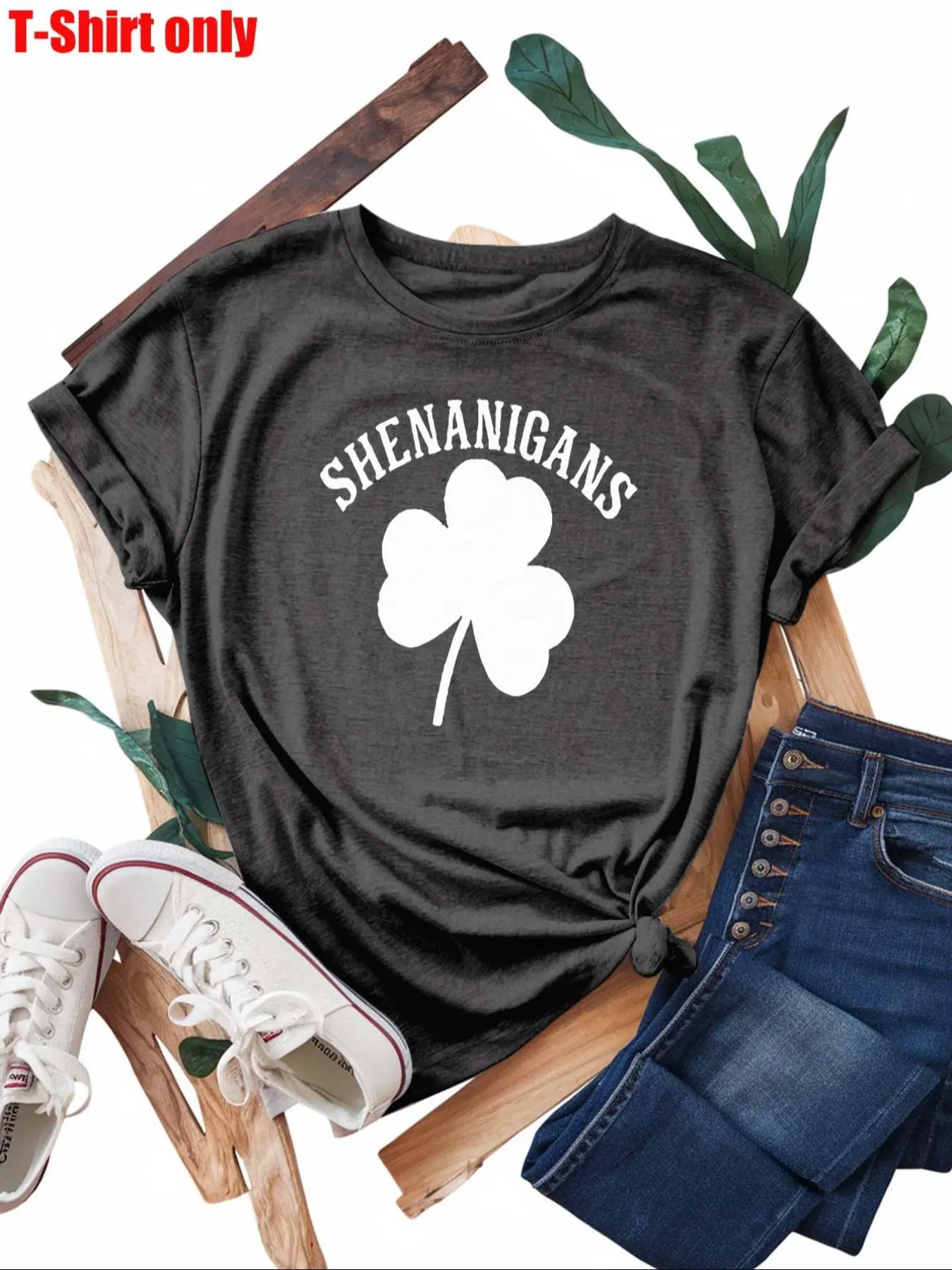 【Plus Size】 Four Leaf Clover & Letter Print Round Neck Tee, Casual Short Sleeve T-shirt for Summer, Women's Clothing for Daily Wear