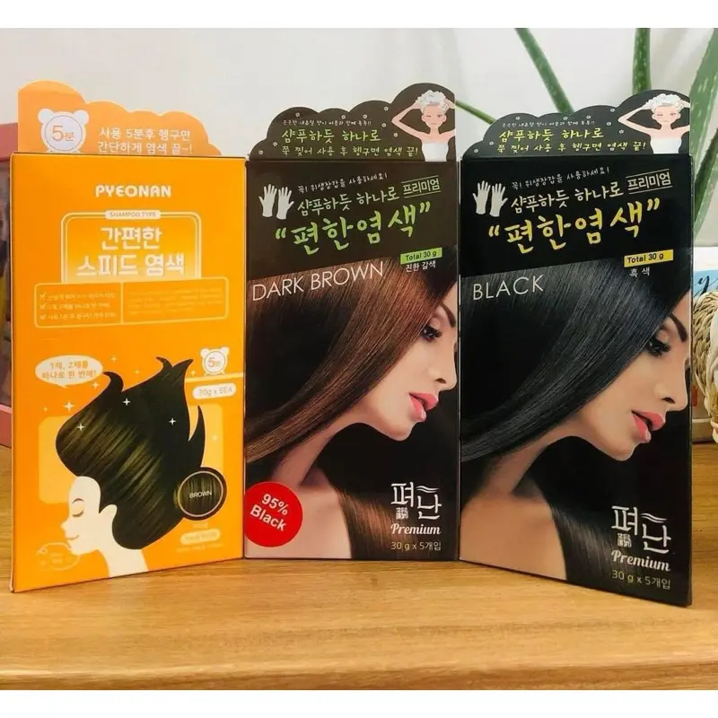 1 hộp (5 gói) dầu gội nhuộm thảo dược PYEONAN Hàn Quốc. Sản phẩm giúp việc nhuộm tóc bạc dễ dàng, ko hư tổn tóc.