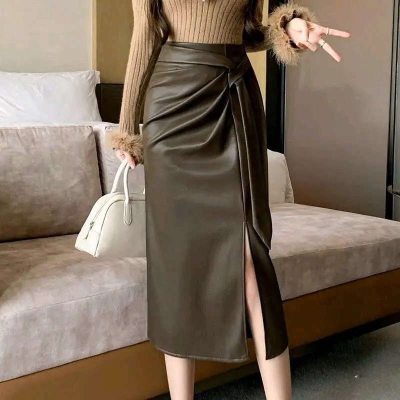 Chân váy da , dáng ôm , zúm hông, xẻ hông Nữ Women trước