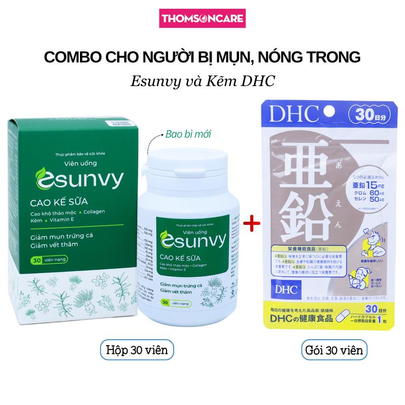 Viên uống Kẽm DHC gói 30 viên và Esunvy lọ 30 viên combo cho người bị mụn, nóng trong