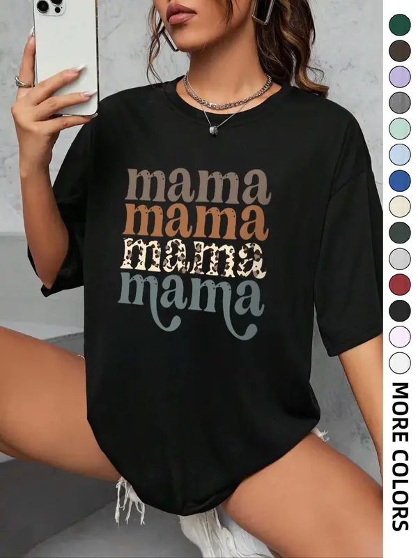 Women's "mama" Letter Print Round Neck Graphic Tee, Vintage Trendy Casual Drop Shoulder Half Sleeve T-shirt For Daily Wear, Ladies Summer Outfit 0
