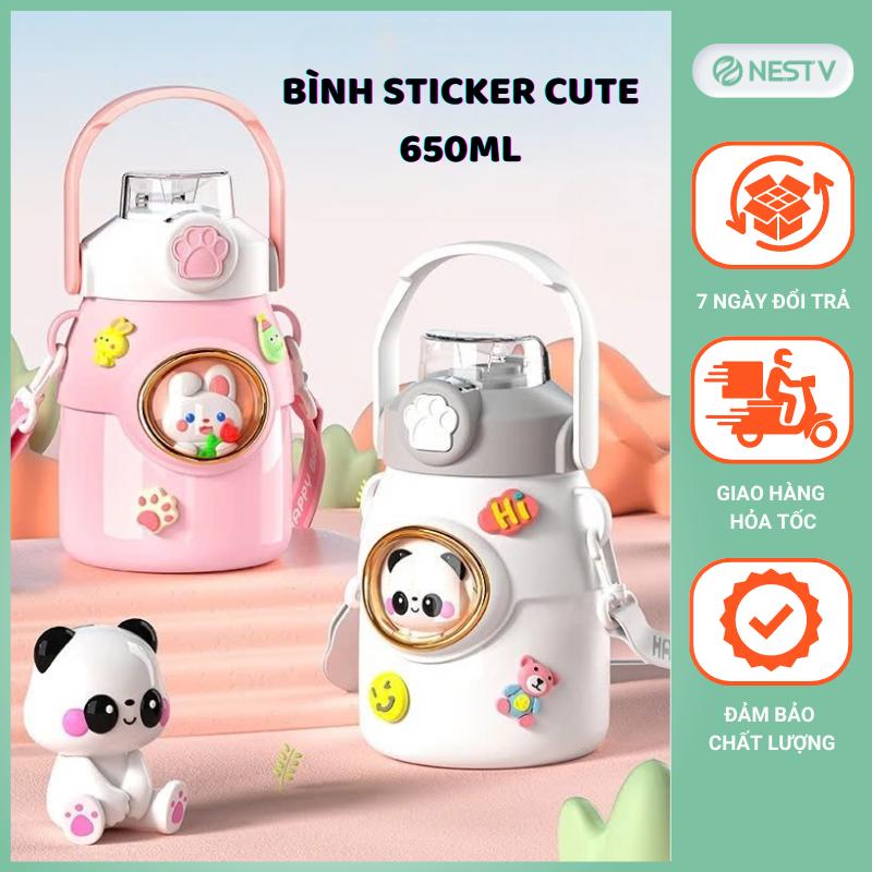 Bình nước giữ nhiệt 650ml INOX 316 bình giữ nhiệt có ống hút có dây đeo tặng kèm sticker 2D, 3D