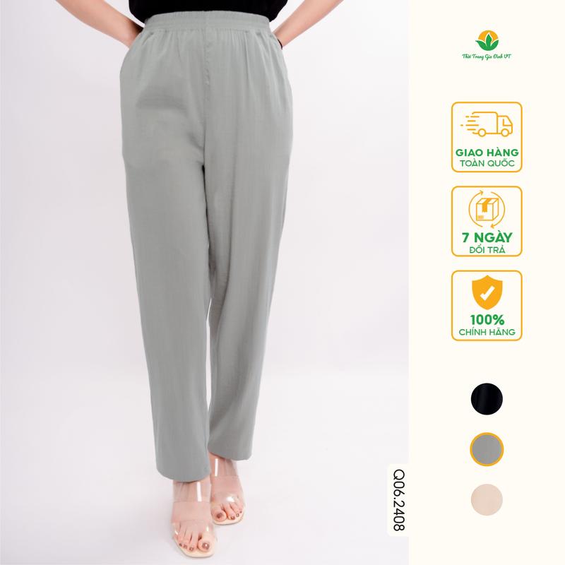 Quần đũi nữ ống rộng chất đũi lưng thun dáng suông đứng cạp chun mặc đi chơi ở nhà - Q06.2408 Women Pants