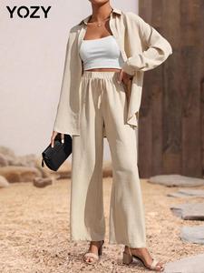 YOZY Women's Textured Button Front Shirt & Elastic Waist Pants Two-Piece Set, Casual Drop Shoulder Long Sleeve Top & Pocket Trousers Set for Spring & Fall, Women's Clothes for Daily Wear