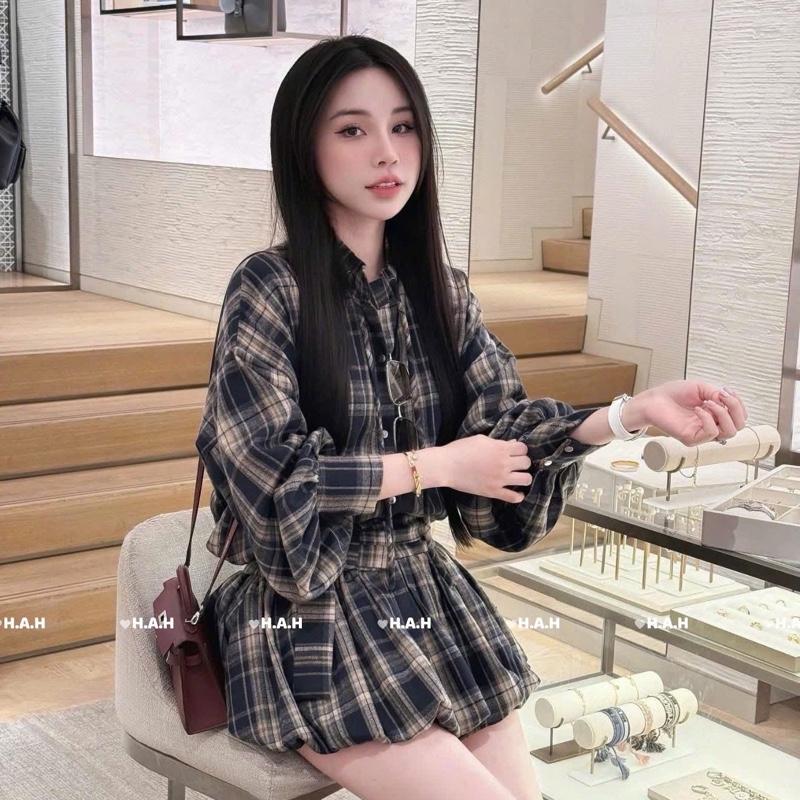 Bộ Set Áo Sơ Mi Kẻ Và Chân Váy Bồng Nữ Women Dress 1