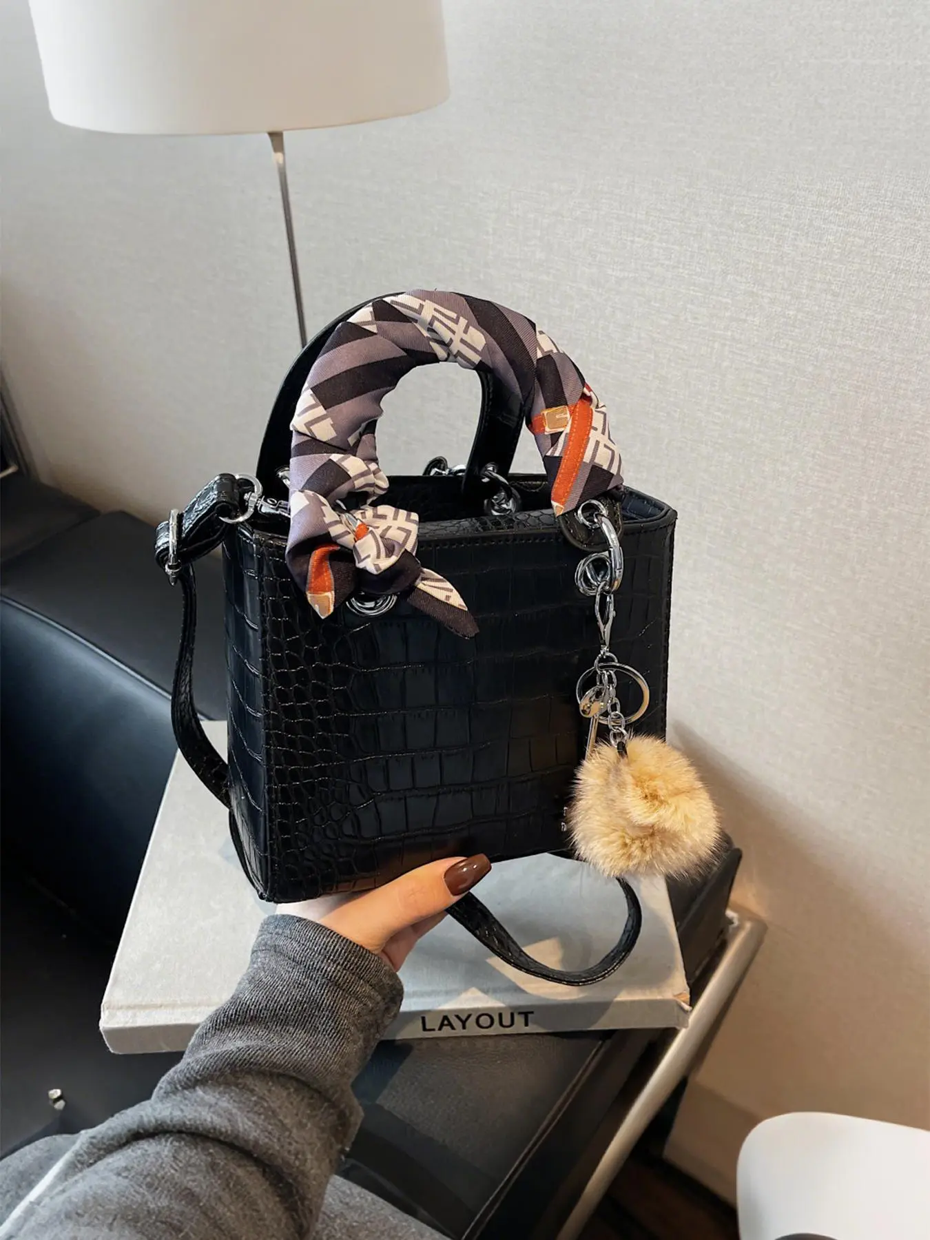 Women's Fashionable Plain Color Handbag, Casual PU Leather Crossbody Bag with Scarf Decor, Trendy Versatile High-quality Daily Commuting Bag