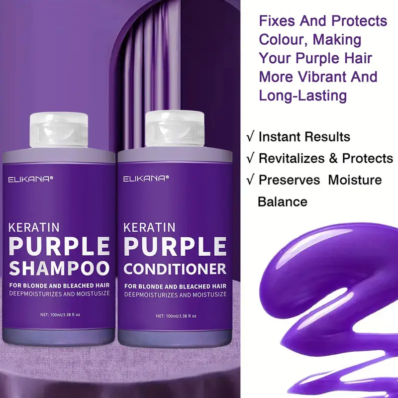 Keratin Purple Shampoo & Conditioner Set, 2 Counts/set Deep Moisturizing and Long-lasting Color Fixing Shampoo & Conditioner, Suitable for Travel and Daily Use, Haircare 6
