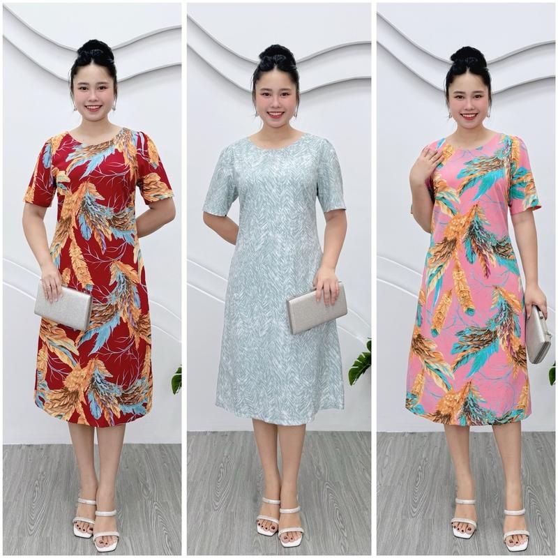 D1 Đầm suông trung niên, đầm cho mẹ lụa Hàn QC co giãn nhẹ, lót thun cotton, cổ tròn, 50-80kg Nữ Women Nhung Voi