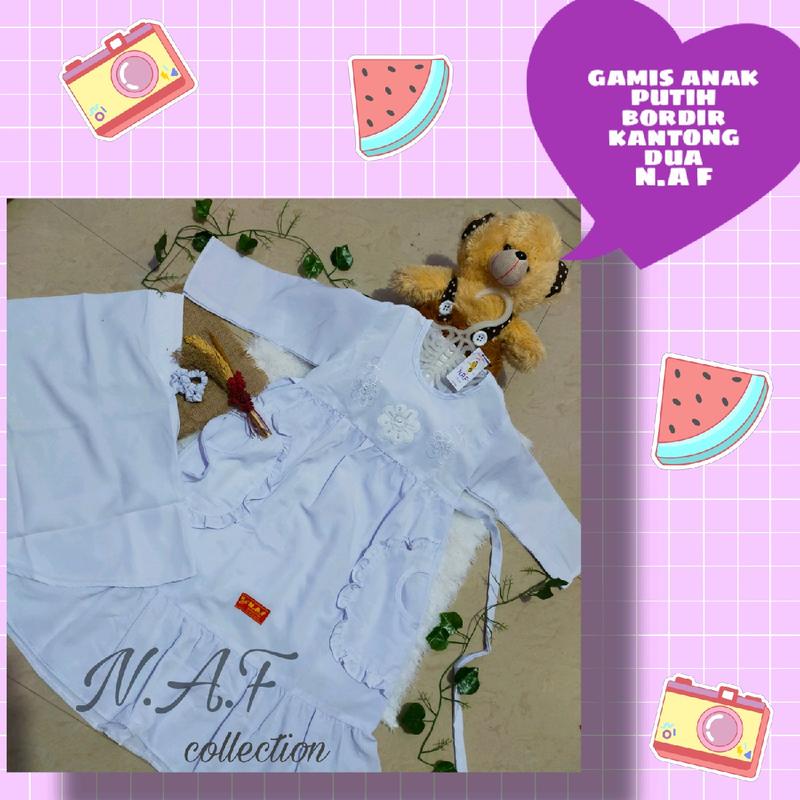 Gamis anak putih bordir kantong 2 /gamis anak manasik 4_12th Muslim Sekolah Seragam Baju Tanggung Jilbab Setelan Panjang Nyaman Dress 2