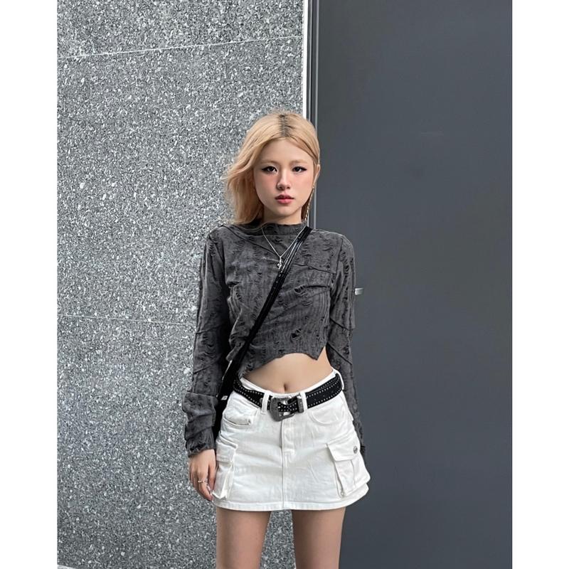 MORSELA chính hãng - Áo croptop nữ kiểu tay dài SMOKE cổ lọ nhúm tay cách điệu phong cách cá tính 5