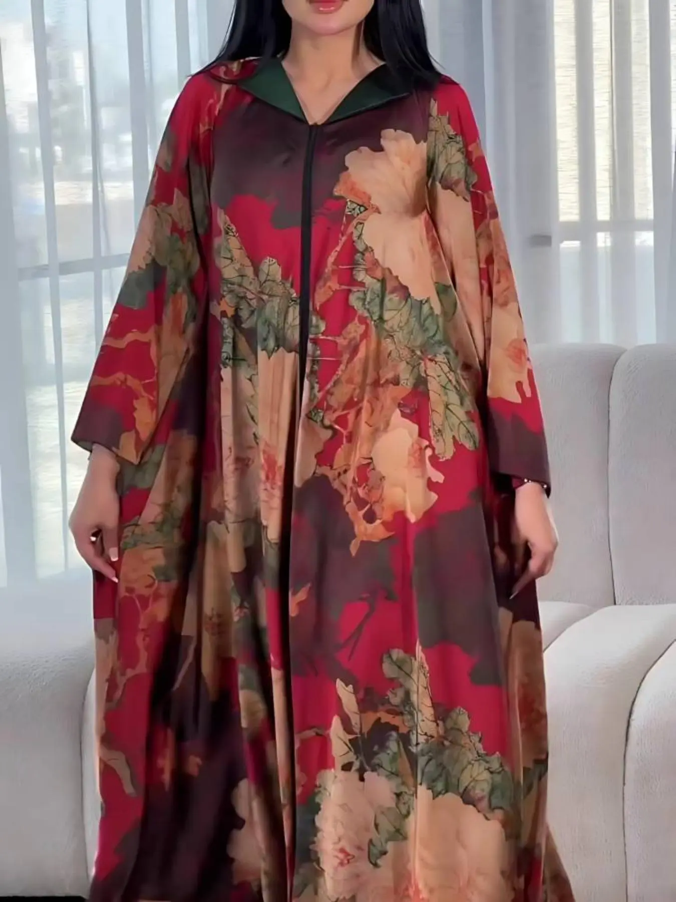 Women's Floral Print Flounce Sleeve Satin Dress, Elegant Chic Casual V Neck Long Sleeve Dress for Spring & Fall, Women's Clothing for Daily Wear, Womenswear