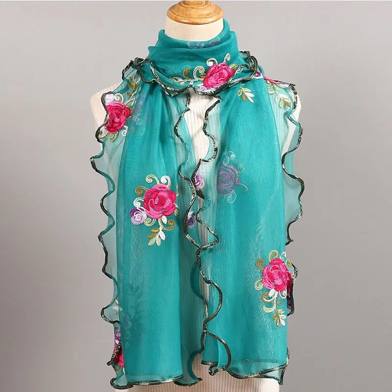 Women's Silk Scarf All-Match plus-Sized Autumn and Winter Shawl Long Embroidery Ethnic Style Ruffled Scarf Outer Wear Neck Protection Scarf