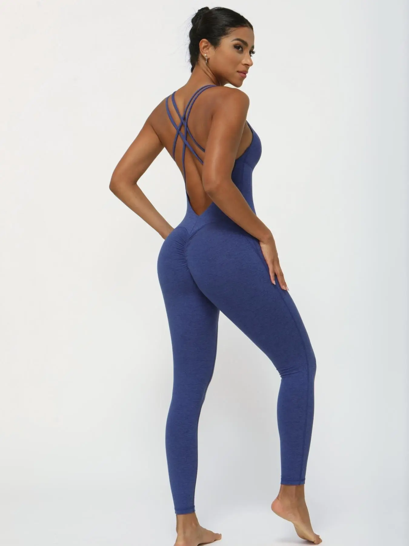 Women's Solid Criss Cross Backless Sports Jumpsuit, Sporty Breathable Comfortable Sleeveless Jumpsuit for Yoga Gym Workout, Ladies Sportswear for All Seasons