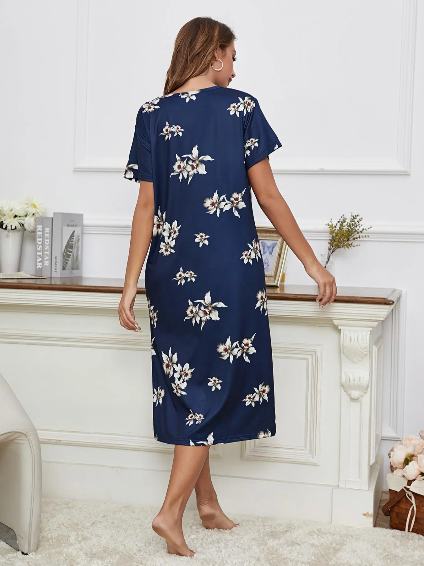 Women's Floral Print Round Neck Shortsleeve Nightdress PJ, Summer Clothes Women, Crew Neck Short Sleeve Nightgown Nighties, Soft Comfy Pyjama Dress For Summer