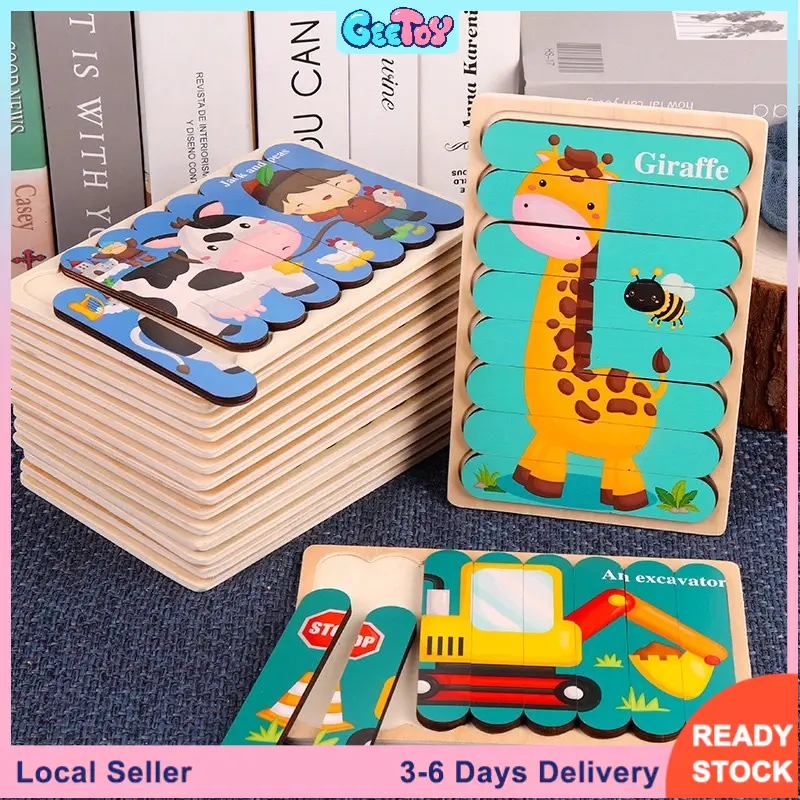 Geetoy Mainan Edukasi Montessori Puzzle Kayu 3D Dua Sisi Untuk Anak-anak