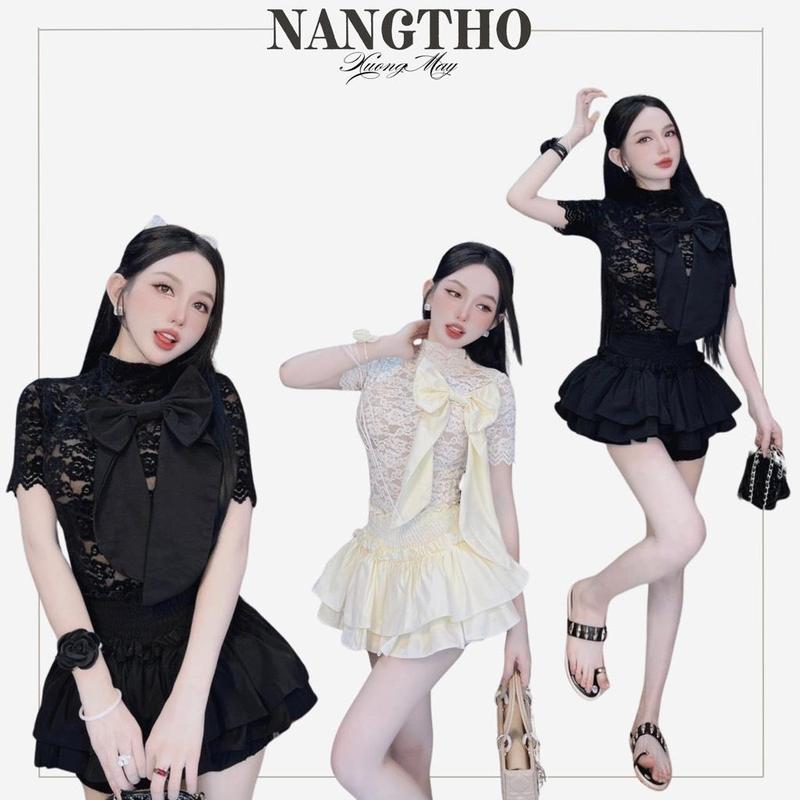 S850 Set Bộ  Ren Nơ To Cộc Tay Kèm Quần Váy Bí Cạp Bo Chun Xoè Women Áo