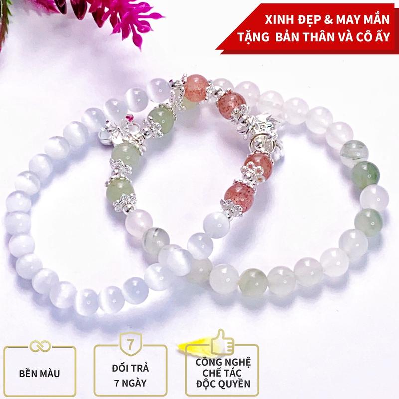 [MẮT MÈO ] Lắc tay đá pha lê mắt mèo trắng + pha lê hồng , lắc tay phỉ thúy Thiên Sơn charm may mắn tài lộc cho nữ