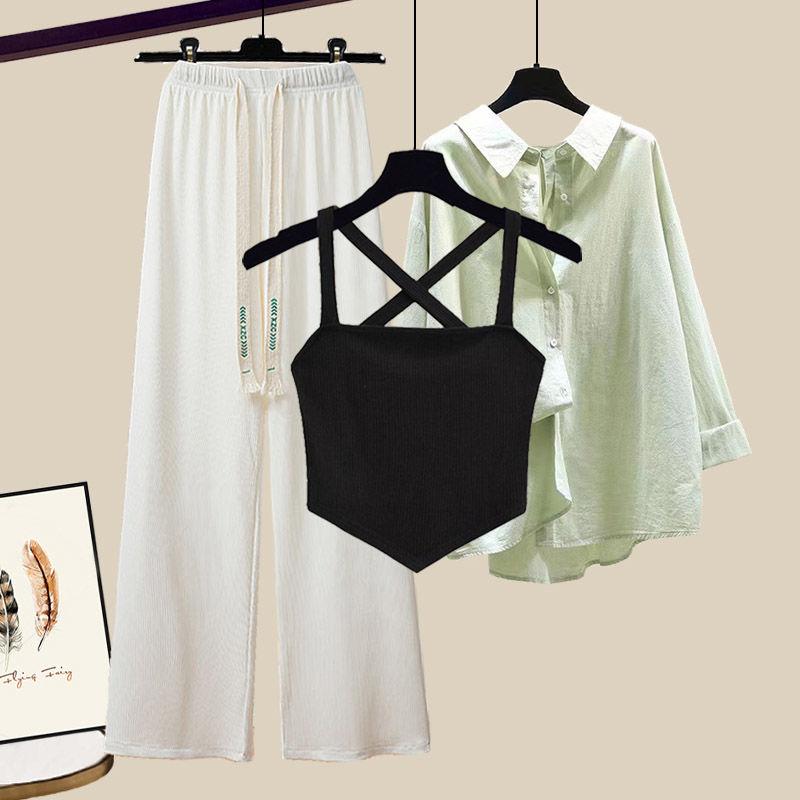 Product Introduction of plus Size Women's Summer Suit Female 2024 New Slim Korean Style Shirt Cross Tank Top Wide Leg Pants Three-Piece Suit Suit 15