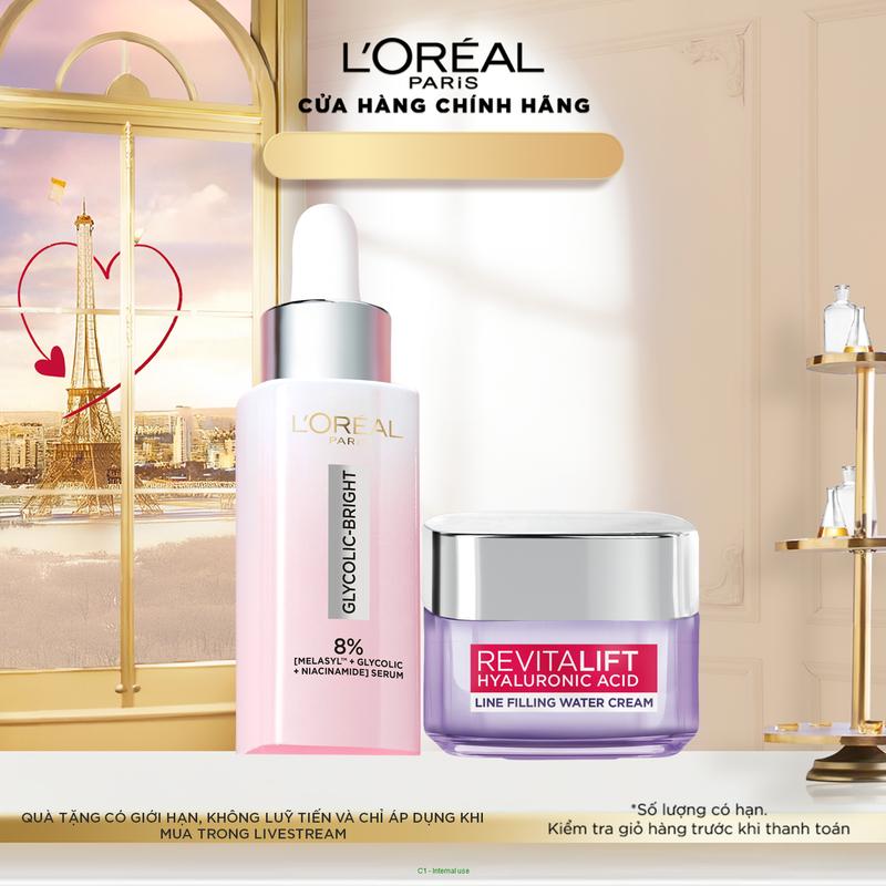 Bộ chăm sóc dưỡng sáng da Serum Glycolic Bright L'Oreal Paris & Kemdưỡng cấp ẩm mịn da L'oreal Paris Revitalift Hyaluronic Acid 50ml (30ml & 50ml) Skincare Làm Đẹp Da