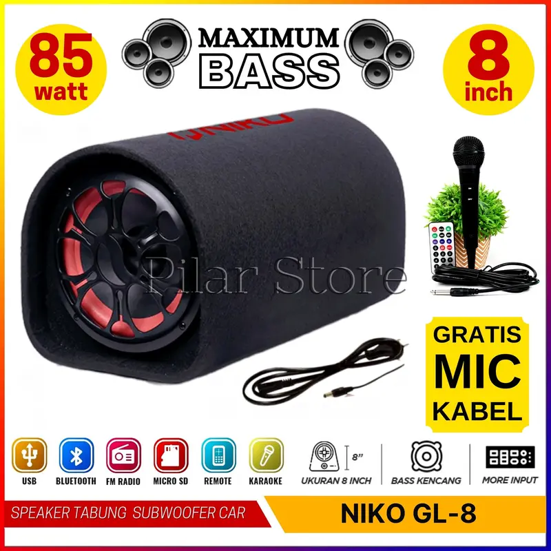 GRATIS MIC SPEAKER NIKO GL8 Speaker Tabung inch Subwoofer Car speaker  GL NIKO GL-8 PLUS MIC KABEL