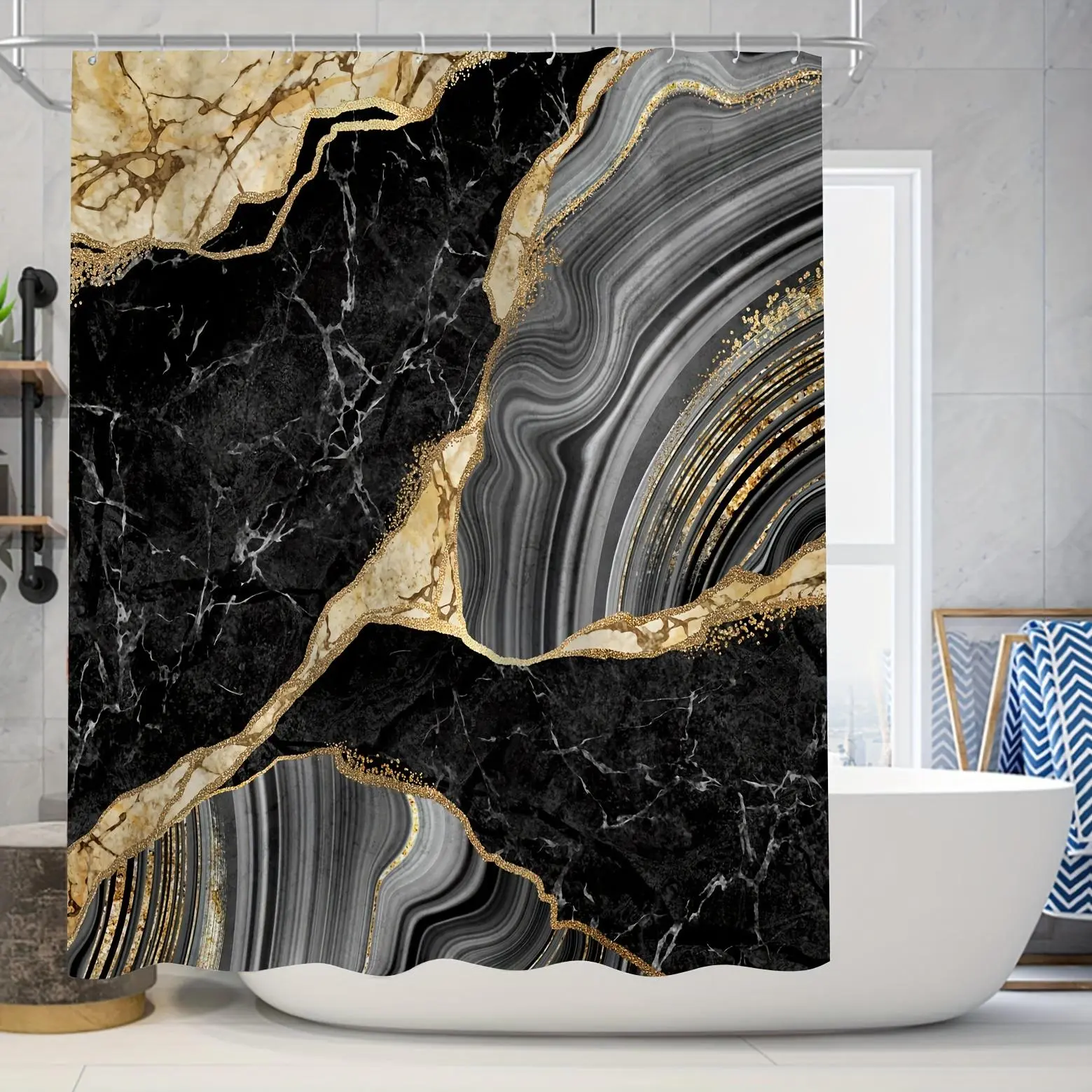 Marble Pattern Bath Curtain, 1 Count Waterproof Shower Curtain with 12 Hooks, Bathroom Accessories