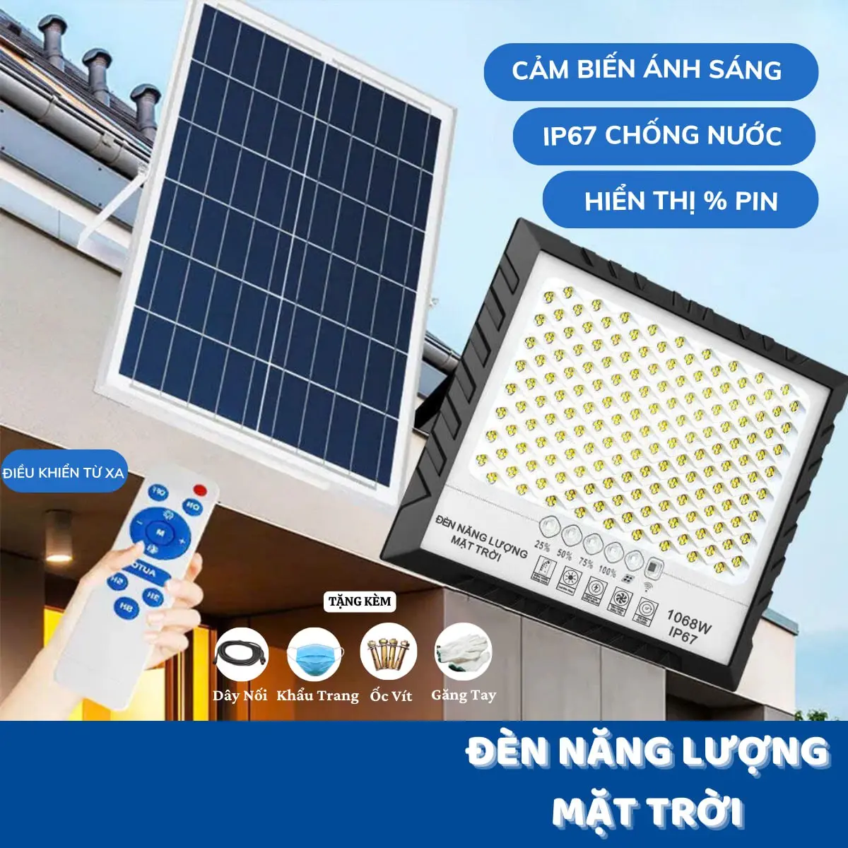 Đèn Năng Lượng Mặt Trời Sân Vườn 1068W Chiếu Sáng 6-8 Tiếng IP67 Chống Nước Tiết Kiệm Điện