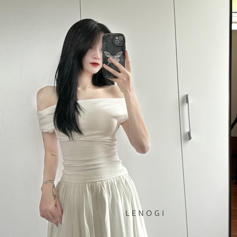 Áo kiểu nữ trễ vai tay ngắn LENOGI Áo bẹt vai lệch vai cổ đổ cotton mềm mịn A70