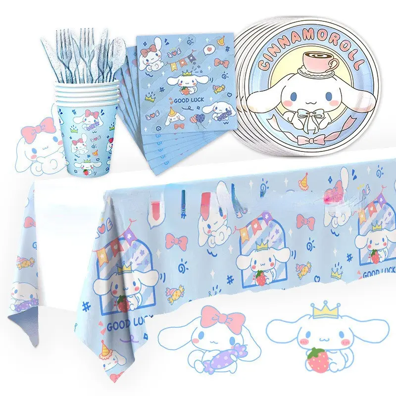 Sanrio Cinnamoroll Themed Party Supplies Kawaii Paper Cups Tablecloths Banners Disposable Tableware Children's Birthday Party Decorations Baby Shower Supplies