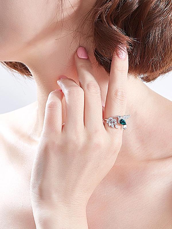 Women's Elegant Rhinestone Decorated Bird Design Cuff Ring, Minimalist Temperament Leaf & Bird Themed Design Cuff Ring, Exquisite Trendy Ring, Fashionable Jewelry for Women As Gift 2