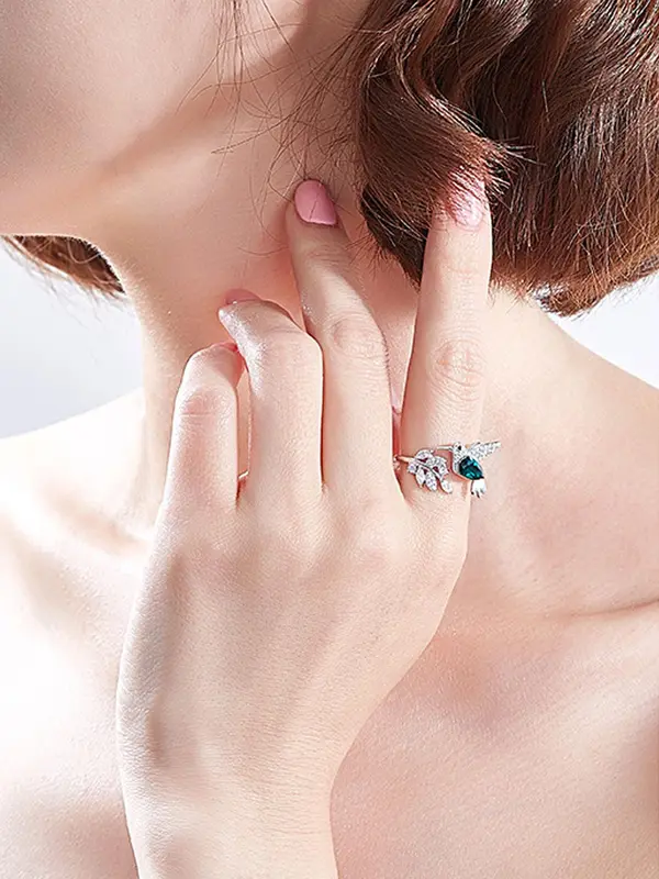 Women's Elegant Rhinestone Decorated Bird Design Cuff Ring, Minimalist Temperament Leaf & Bird Themed Design Cuff Ring, Exquisite Trendy Ring, Fashionable Jewelry for Women As Gift 2