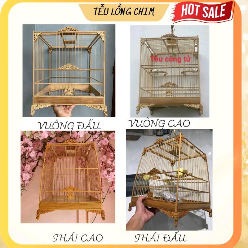 Lồng chim chào mào tự ráp chất liệu tre, mẫu hoa mai có ke góc
