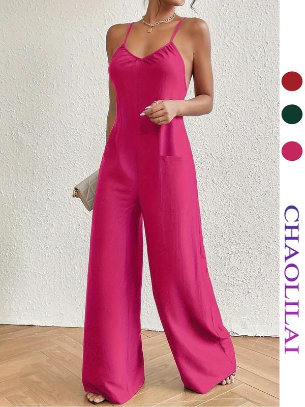 Women's Minimalist Plain Criss Cross Backless Cami Jumpsuit for Summer, Summer Clothes, Womenswear Basic Casual Sleeveless Pocket Wide Leg Jumpsuit for Lady Summer, Ladies Clothes for Daily Wear 3