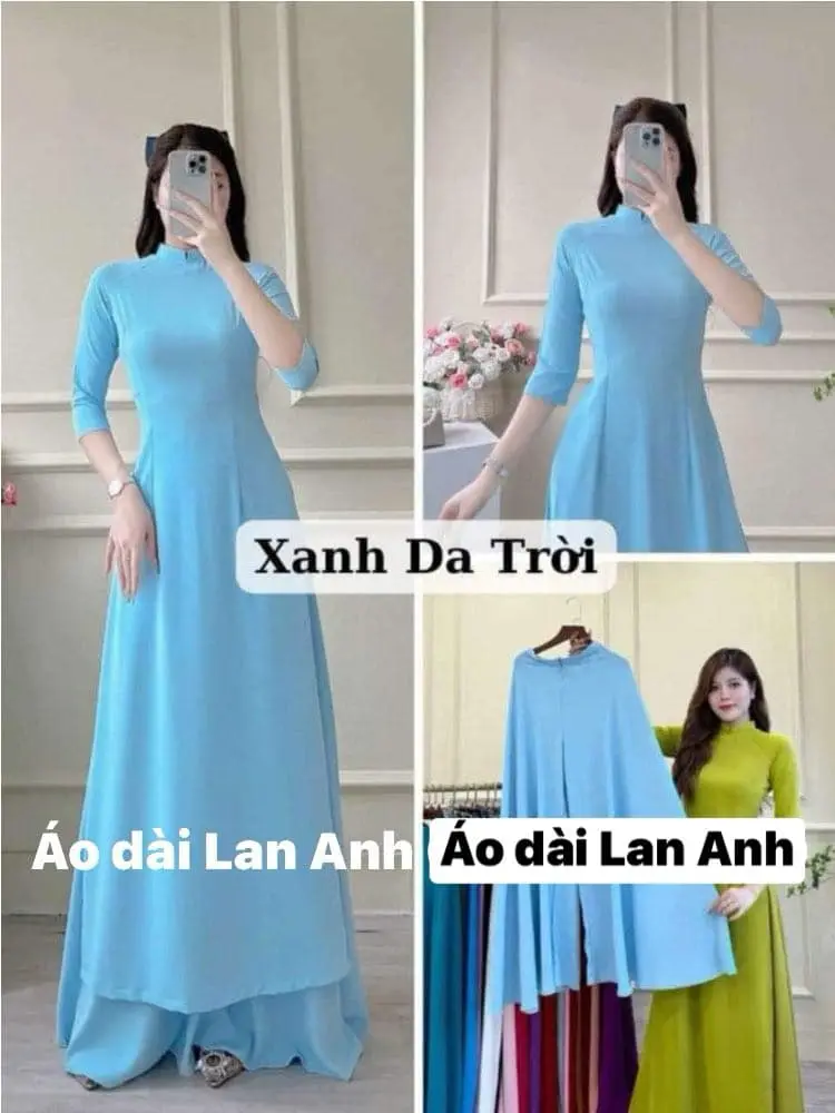 Áo dài truyền thống màu xanh da trời vải lụa mỹ cao cấp, mềm mịn thấm hút co giãn tốt - cổ 2p tay lỡ