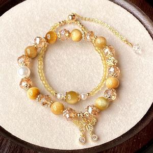 Set Gelang Tangan, Kuarza Rutilated Kuning dan Batu Harimau Emas, Set 2 Keping, Barang Kemas Tangan Wanita, Sesuai untuk Wanita, Set Gelang 2 Keping