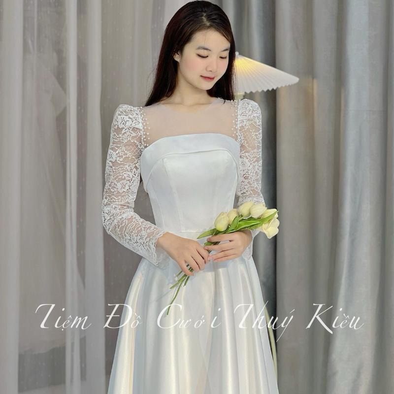 Váy đi bàn, váy cưới, tay dài cô dâu tay dài phối ren chất phi nhật nhẹ nhàng, ôm form
