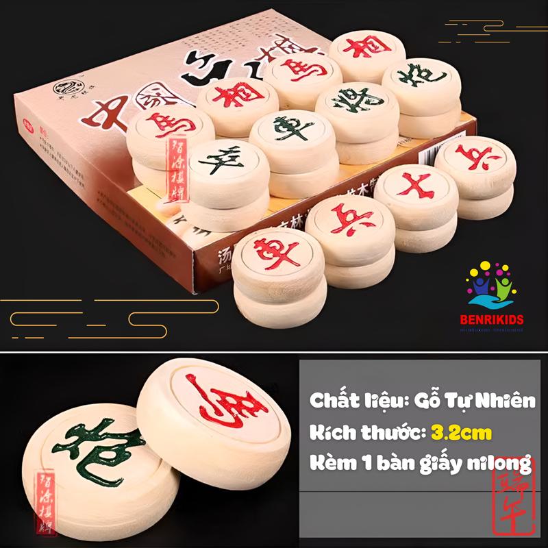 Bộ Quân Cờ Tướng Gỗ Size 32mm Dày 14mm Loại Đẹp Board Game Trí Tuệ Cờ Tướng Gỗ Sồi