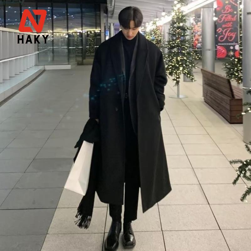 HK1 Áo Mangto Nam  Áo Dạ Nam Hàn Quốc Dáng Dài Qua Gối Không Cúc Có Đai, Áo Khoác Măng Tô Dạ Dáng Dài Có Đệm Vai HK1