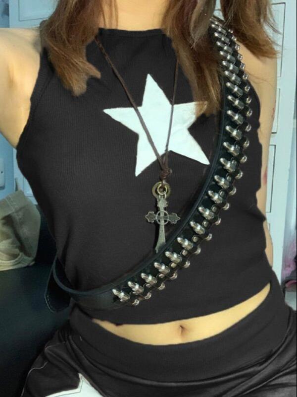 Women's Star Embroidery Round Neck Crop Tank Top, Summer Clothes Women, Casual Crew Neck Ribbed Top for Daily Holiday Wear, Lady's Clothing for Summer 6